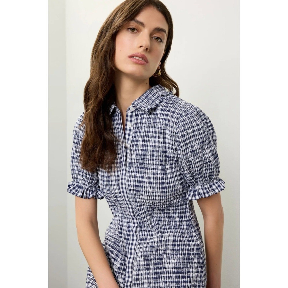 B35 Jason Wu Smocked Gingham Mini Dress 4 Navy White Collar Cotton Dinner Party - Picture 3 of 11